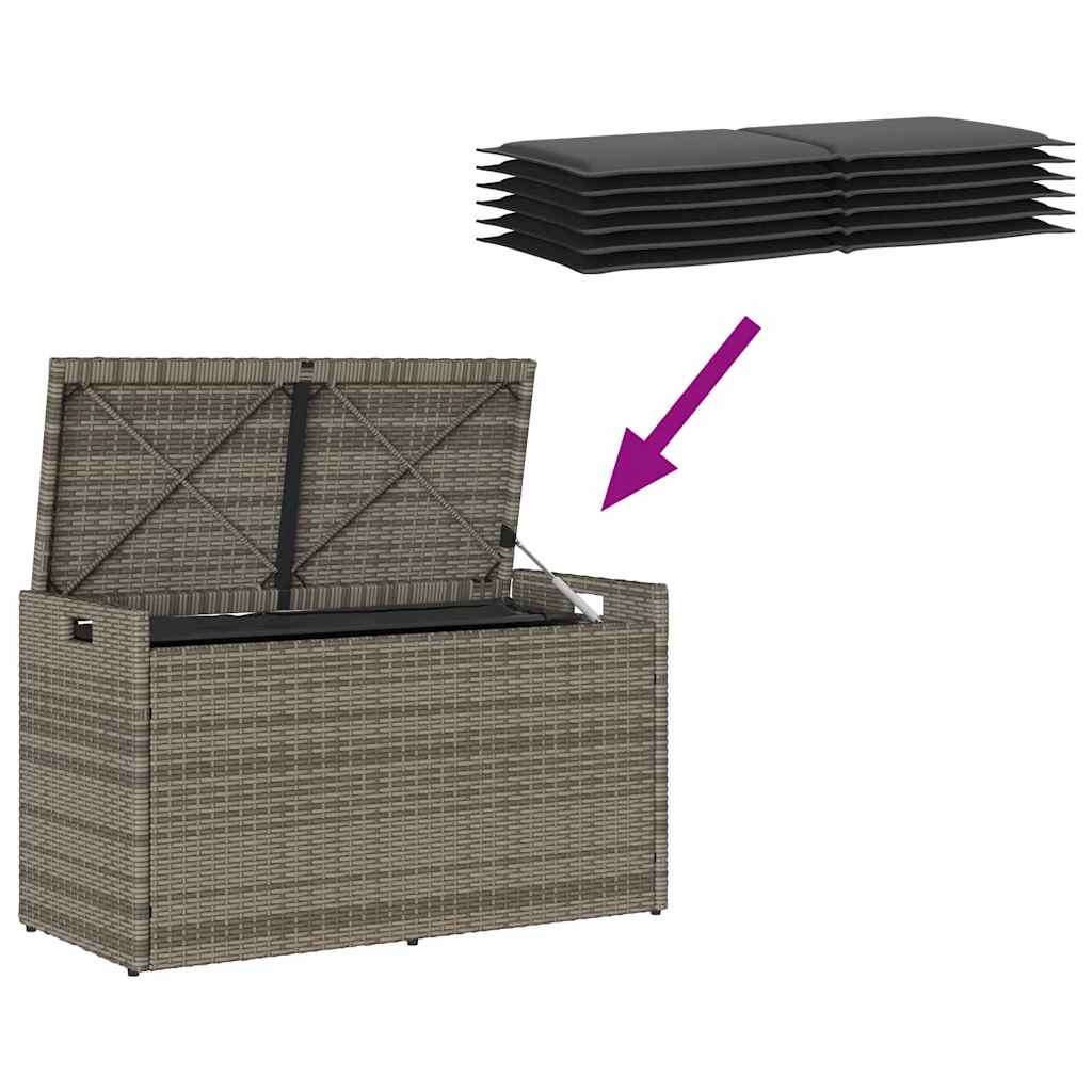 Szürke polyrattan kültéri tárolópad párnával 100 cm