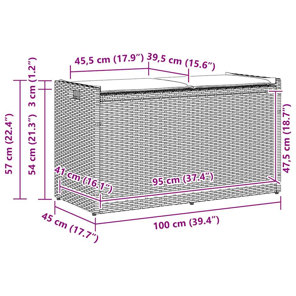 Világosszürke polyrattan kültéri tárolópad párnával 100 cm