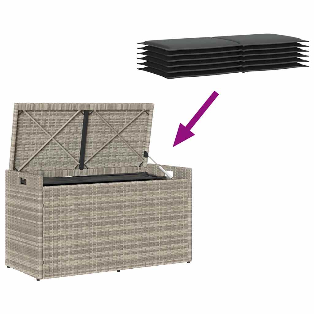 Világosszürke polyrattan kültéri tárolópad párnával 100 cm