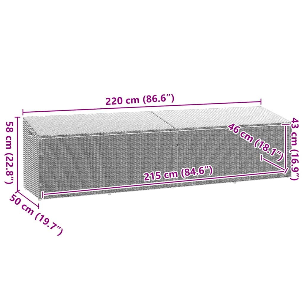 Világosszürke polyrattan kerti tárolóláda 220x50x58 cm