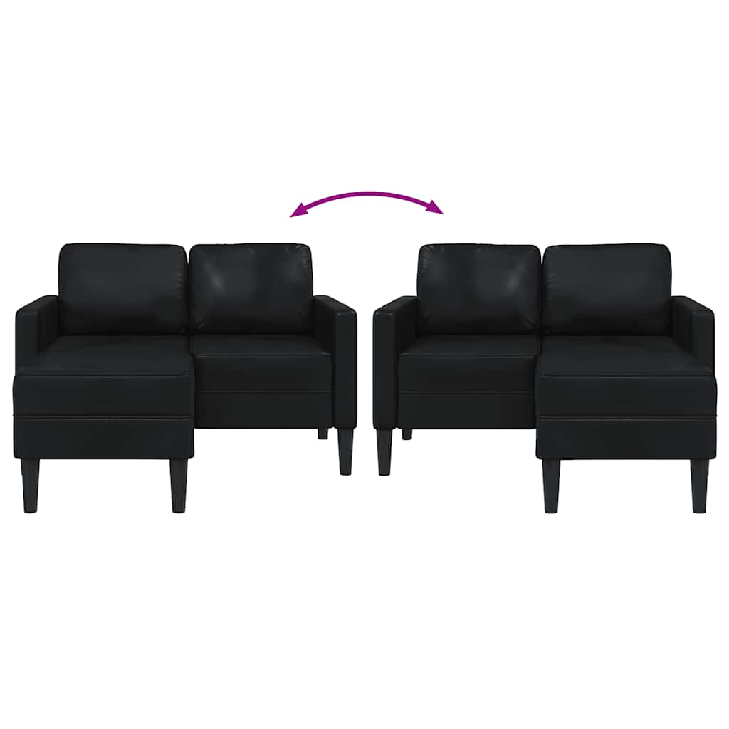Fekete műbőr 2 üléses kanapé l-alakú kanapéval 125 cm