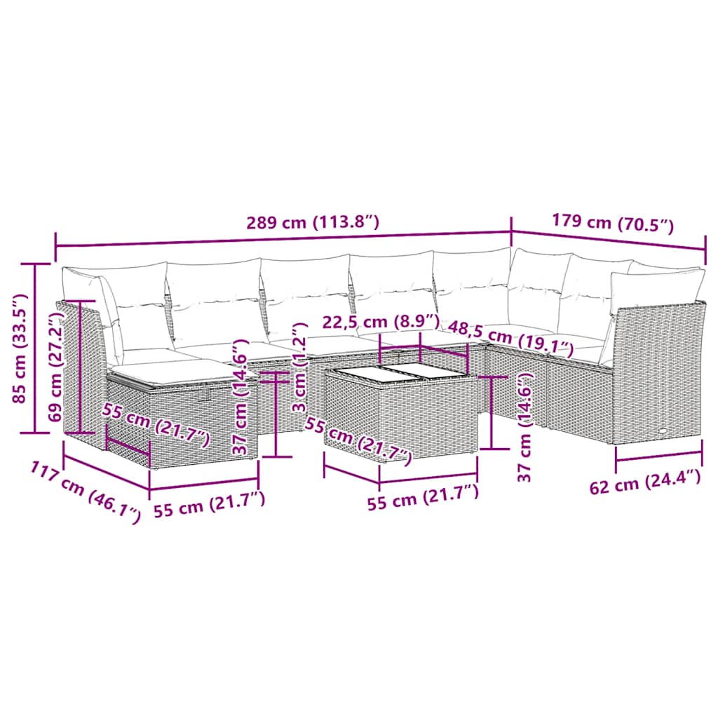 9 részes barna polyrattan kerti ülőgarnitúra párnákkal 9 részes barna polyrattan kerti ülőgarnitúra párnákkal