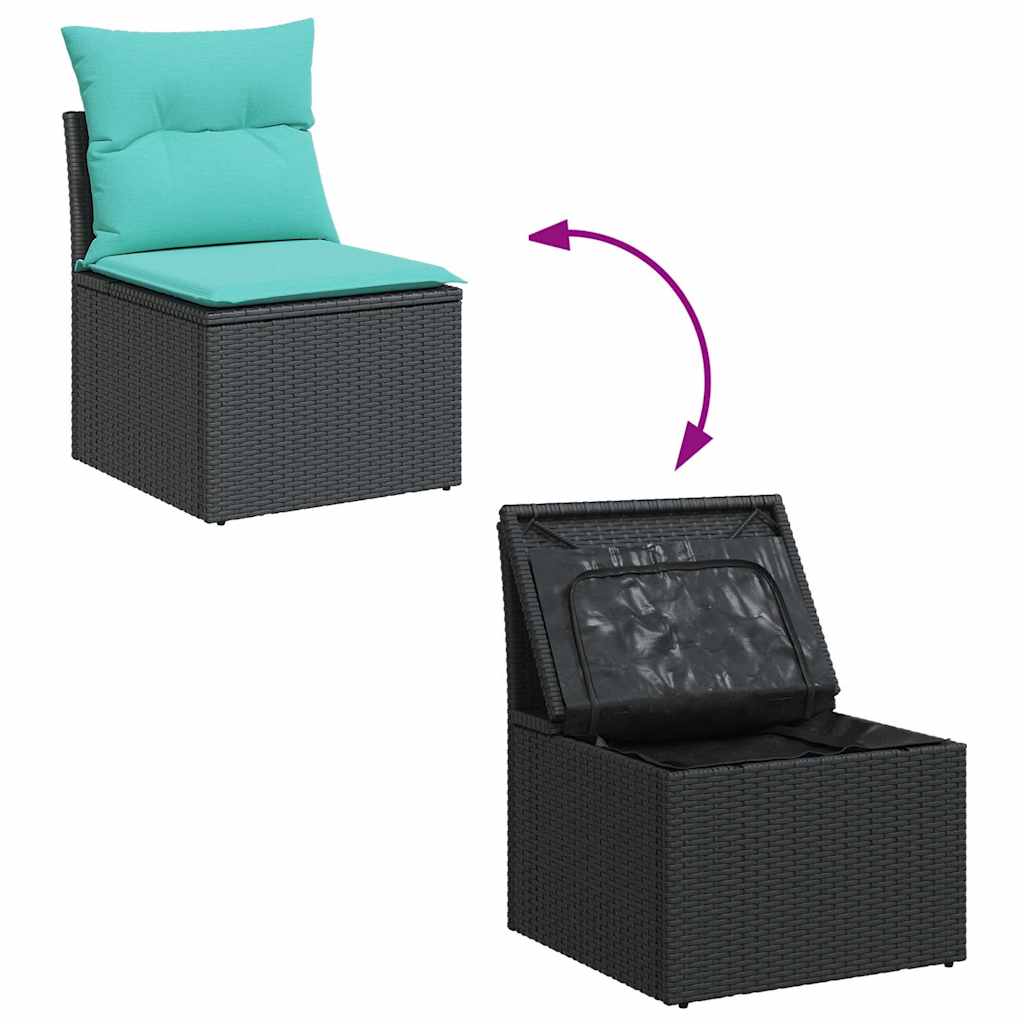 6 részes fekete polyrattan akácfa kerti ülőgarnitúra párnával