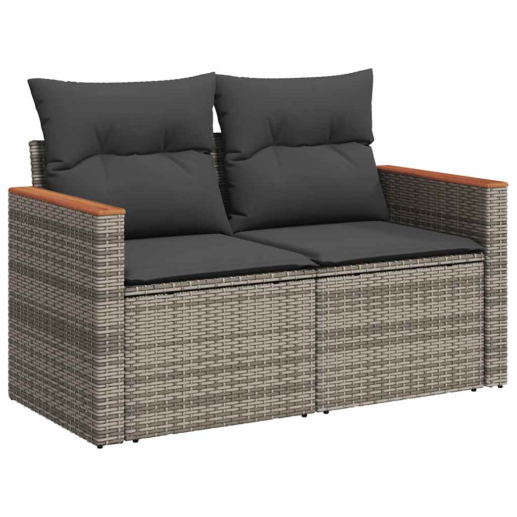 7 részes szürke polyrattan akácfa kerti ülőgarnitúra párnákkal