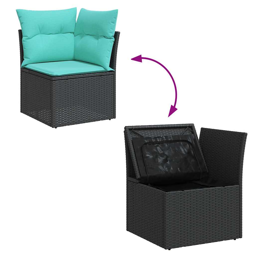 10 részes fekete polyrattan akácfa kerti ülőgarnitúra párnákkal
