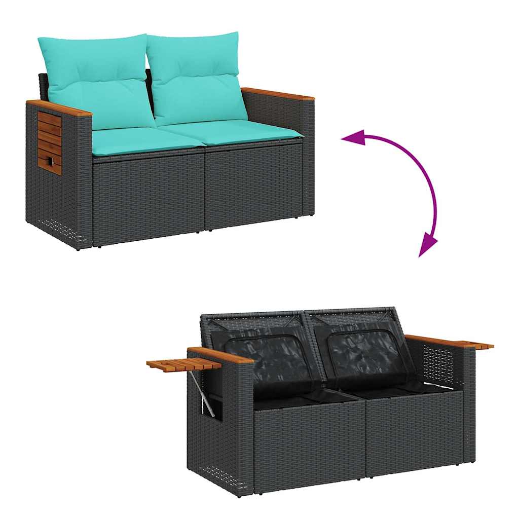 10 részes fekete polyrattan akácfa kerti ülőgarnitúra párnákkal
