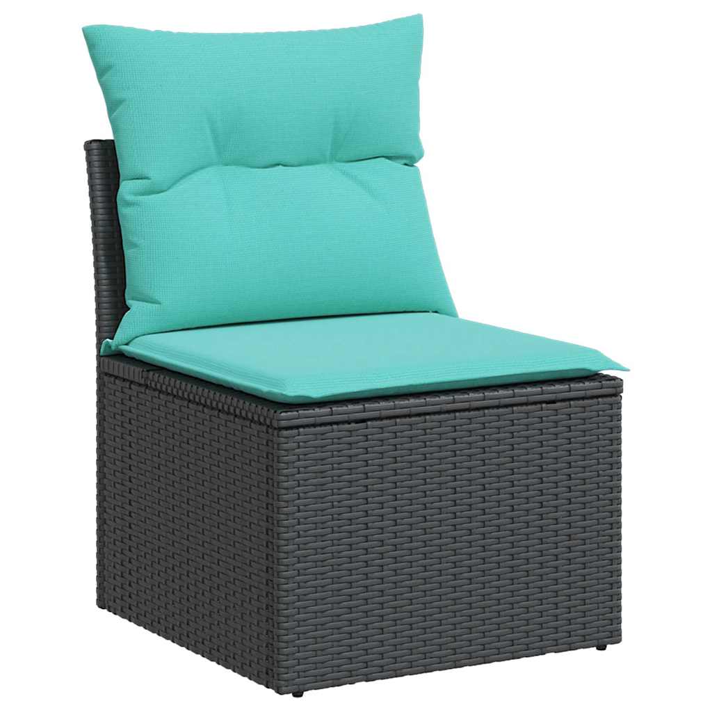 7 részes fekete polyrattan akácfa kerti ülőgarnitúra párnával