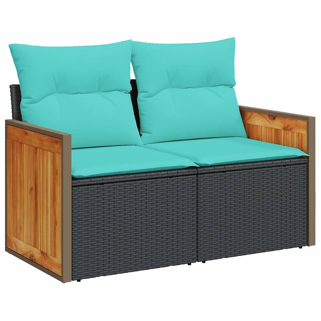 7 részes fekete polyrattan akácfa kerti ülőgarnitúra párnával