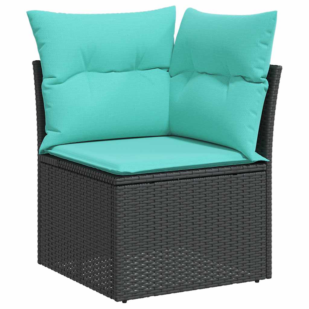 7 részes fekete polyrattan akácfa kerti ülőgarnitúra párnával