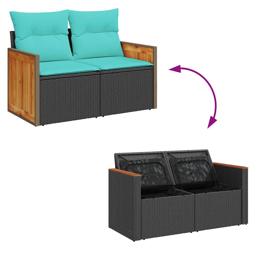 7 részes fekete polyrattan akácfa kerti ülőgarnitúra párnával