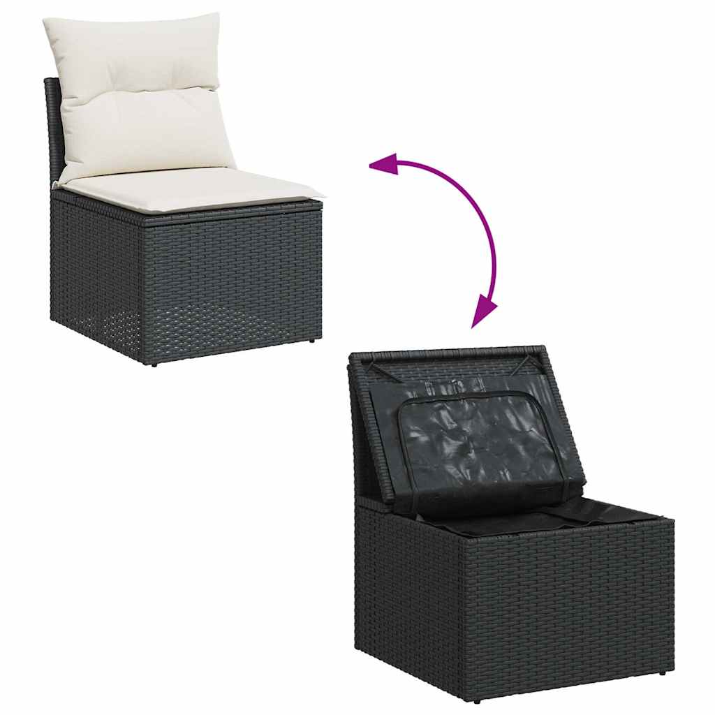 8 részes fekete polyrattan akácfa kerti ülőgarnitúra párnákkal