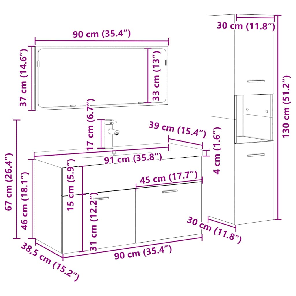 4 részes antik fa színű szerelt fa fürdőszobai bútorszett
