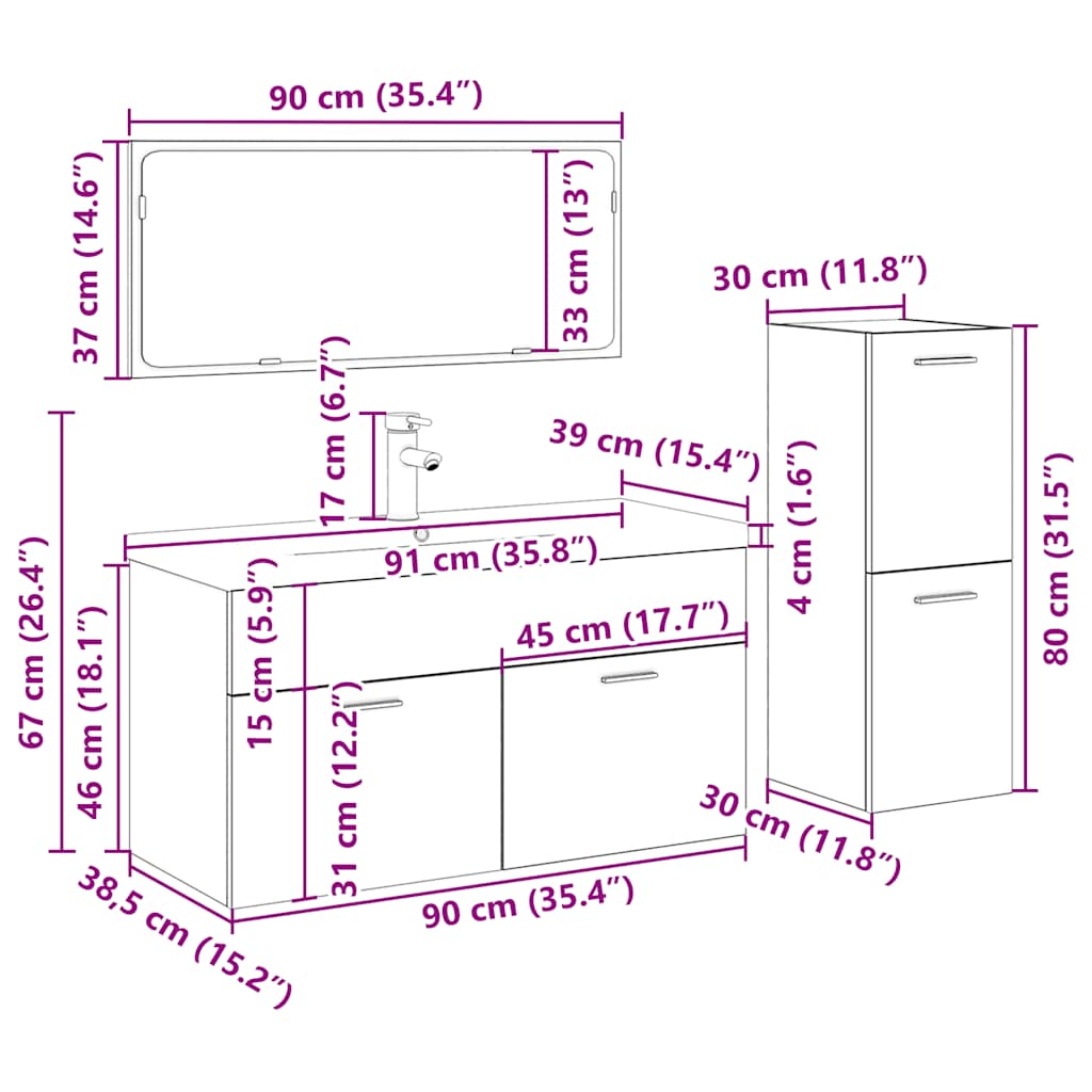 4 részes antik fa színű szerelt fa fürdőszobai bútorszett
