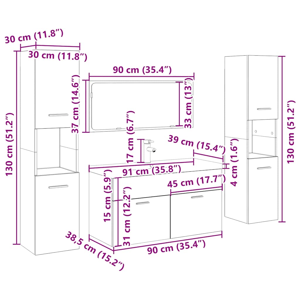 5 részes antik fa színű szerelt fa fürdőszobai bútorszett