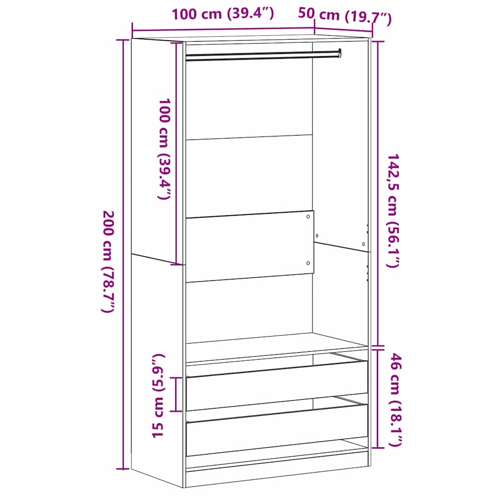 Ruhásszekrény fiókkal fekete tölgy 100 x 50 x 200 cm faanyag