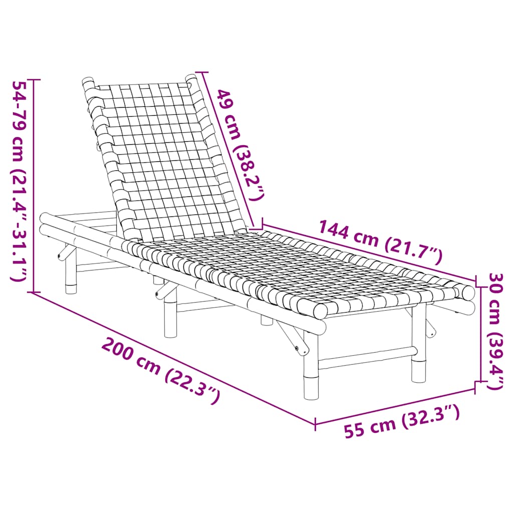 Fekete szövött bambusz napozóágy 55 x 200 x 30 cm