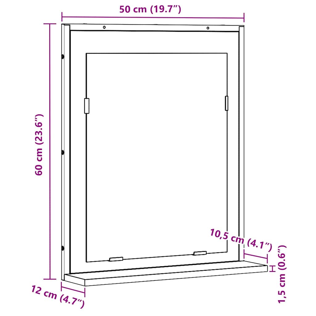 Tükör polcokkal musta tammi 50 x 12 x 60 cm üveg és műszaki fa