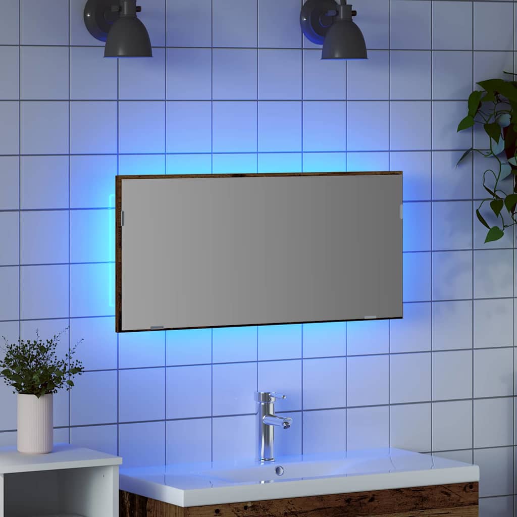 Tükör led -es lámpákkal régi fa 80 x 37 cm üveg és műszaki fa