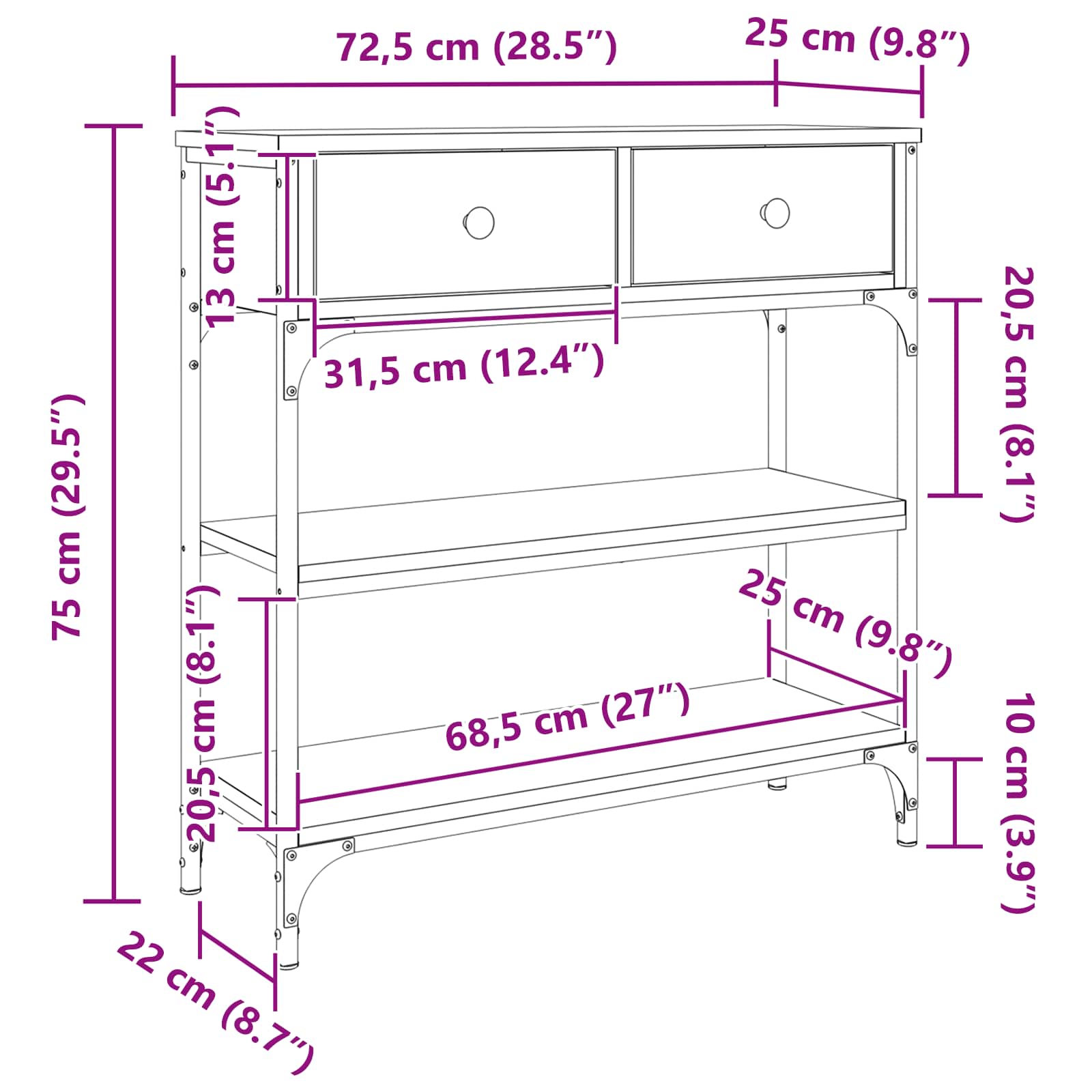 Konzolasztal fiókkal öreg fa 72.5 x 25 x 75 cm faanyag