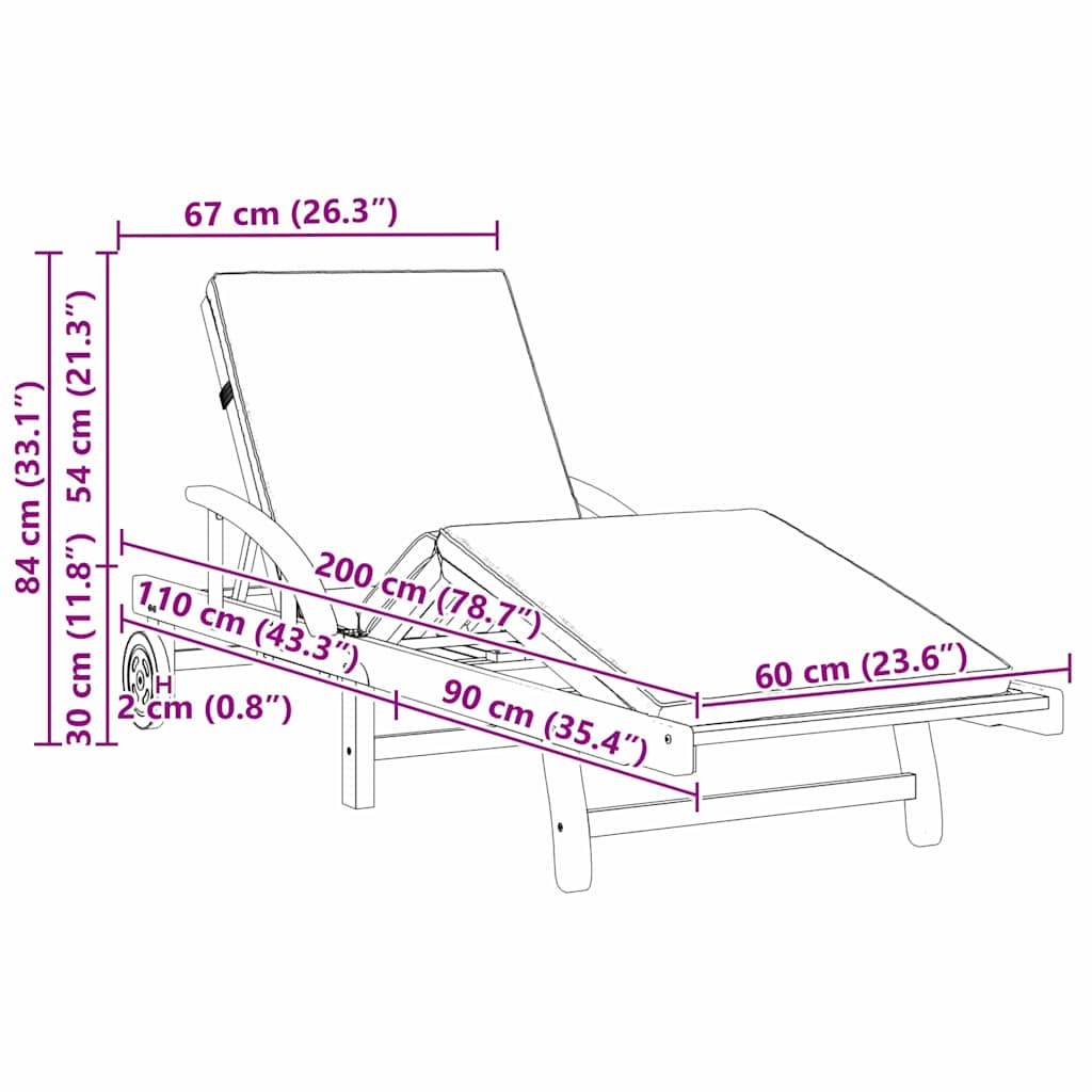 Napozó 2 pcs piros 200 x 67 x 84 cm tömör akácfa