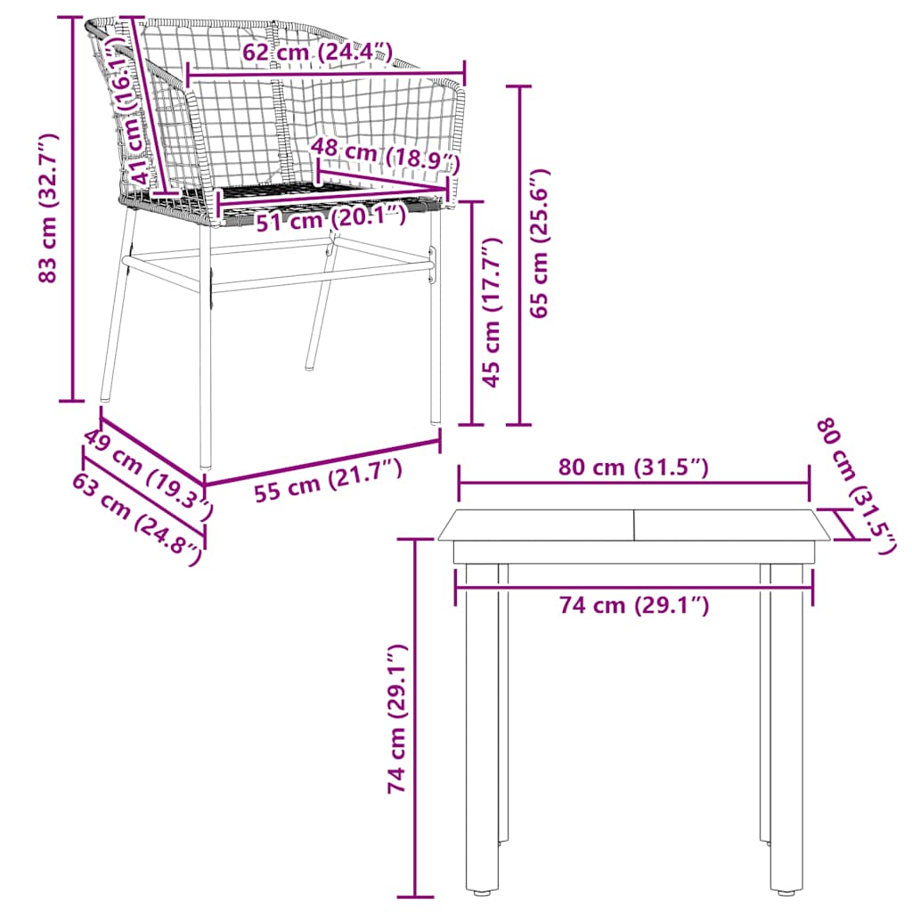 3 részes fekete polyrattan üveg kerti étkezőgarnitúra