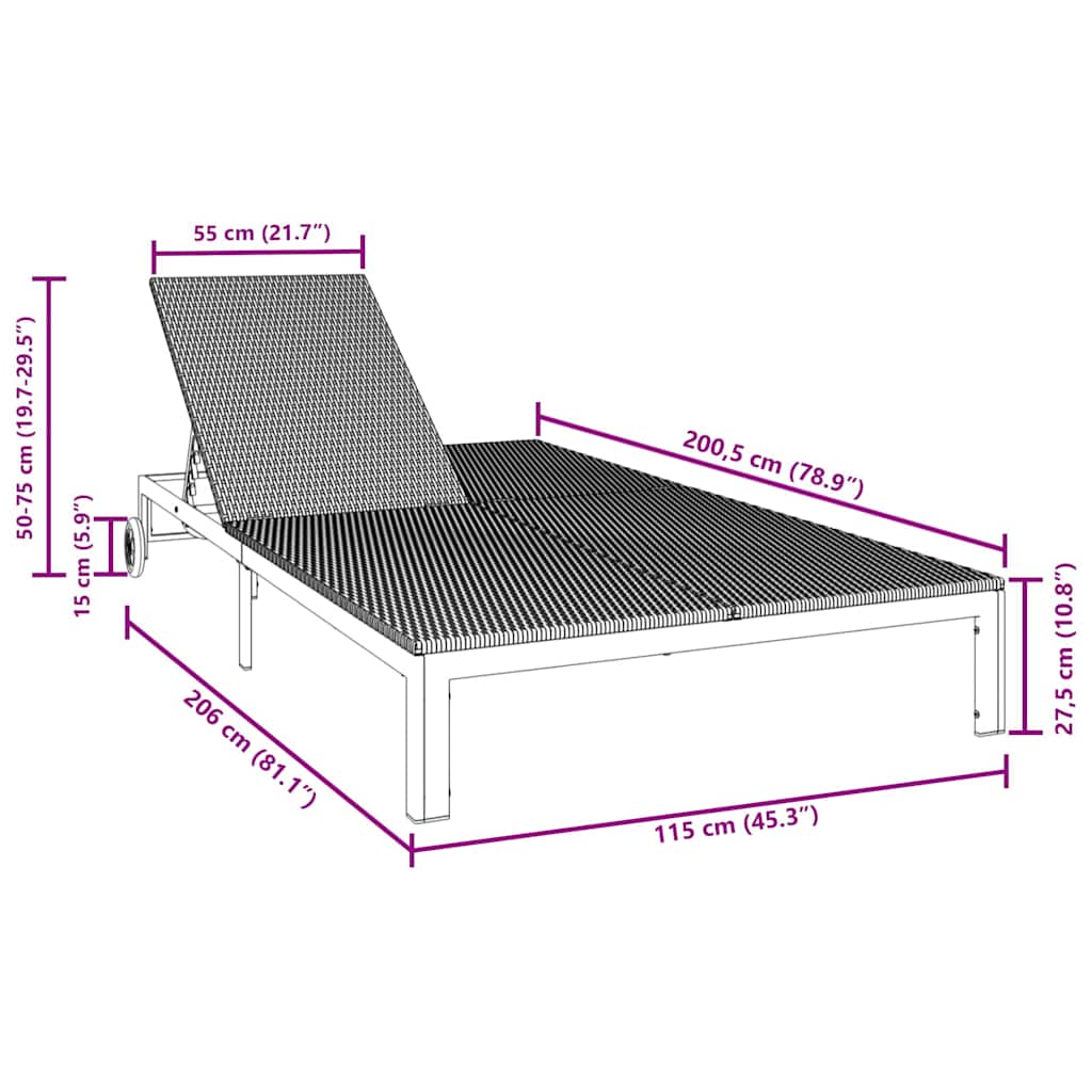 Napozóágy barna 206 x 115 x 75 cm polirattan