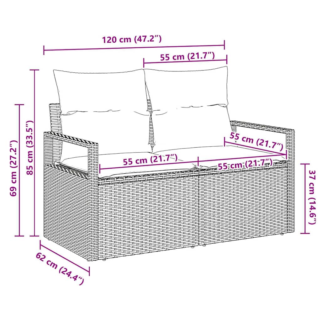 Kerti kanapé párnával 120 x 62 x 69 cm polirattan