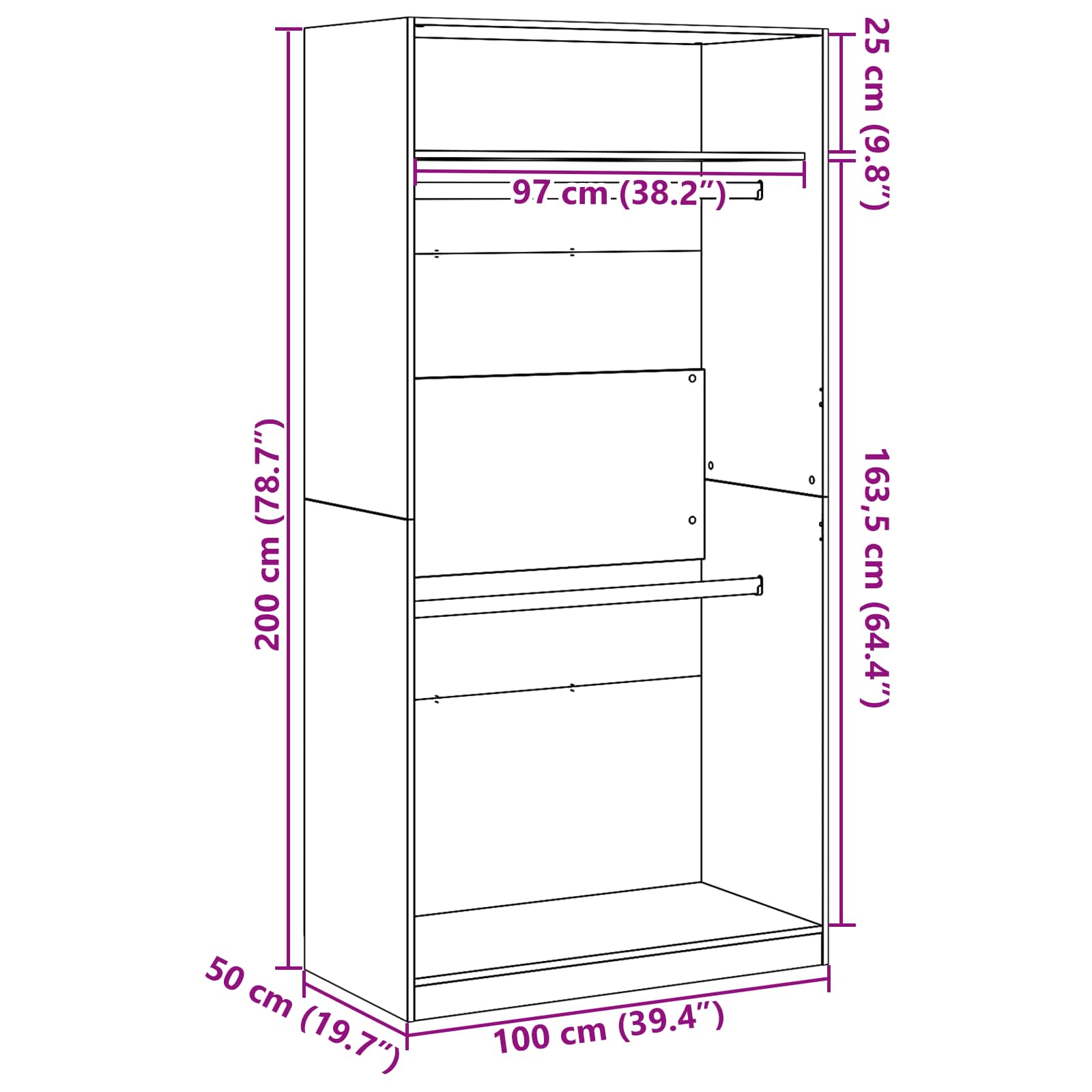 Ruhásszekrény polcokkal fekete tölgy 100 x 50 x 200 cm faanyag