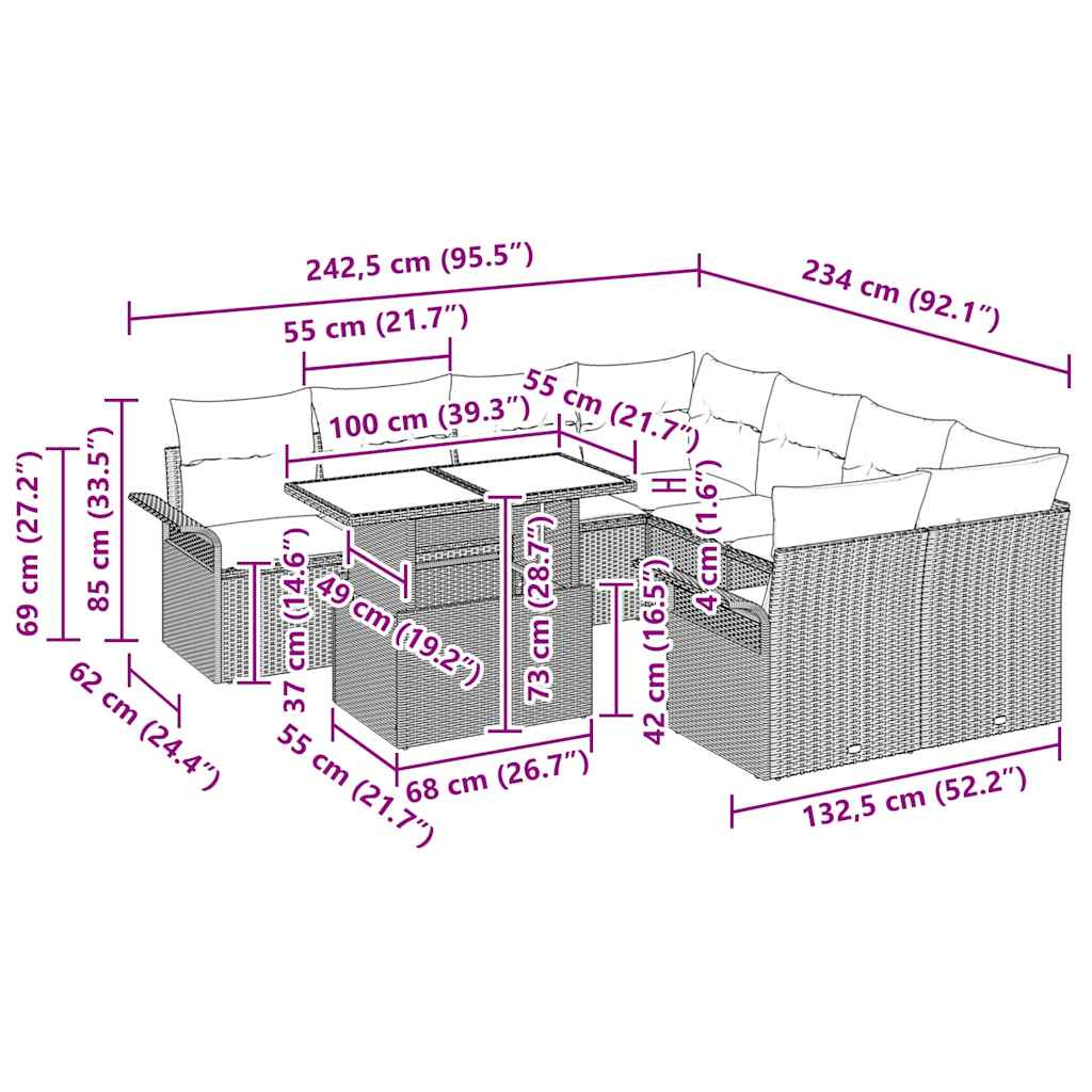 Kerti kanapé szett párnával 9 pcs világosszürke poli rattan