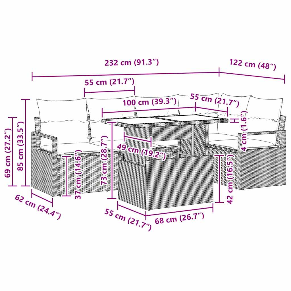Kerti kanapé szett 6 pcs barna és krémszínű 100 x 55 x 73 cm
