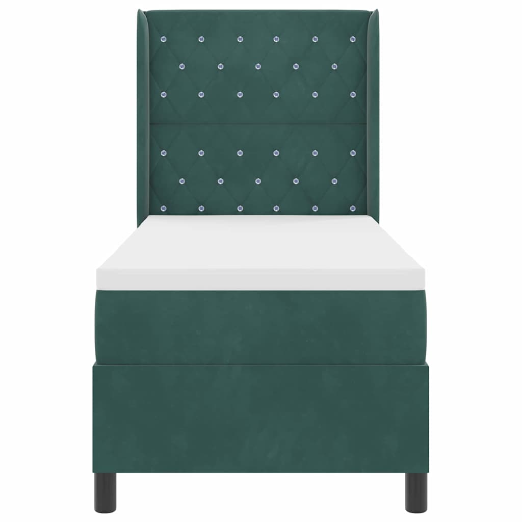 Boxrugós ágy matracmal leddel sötétzöld 80 x 200 cm bársony