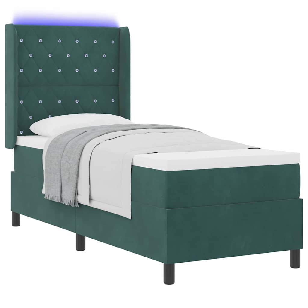 Boxrugós ágy matracmal leddel sötétzöld 80 x 200 cm bársony