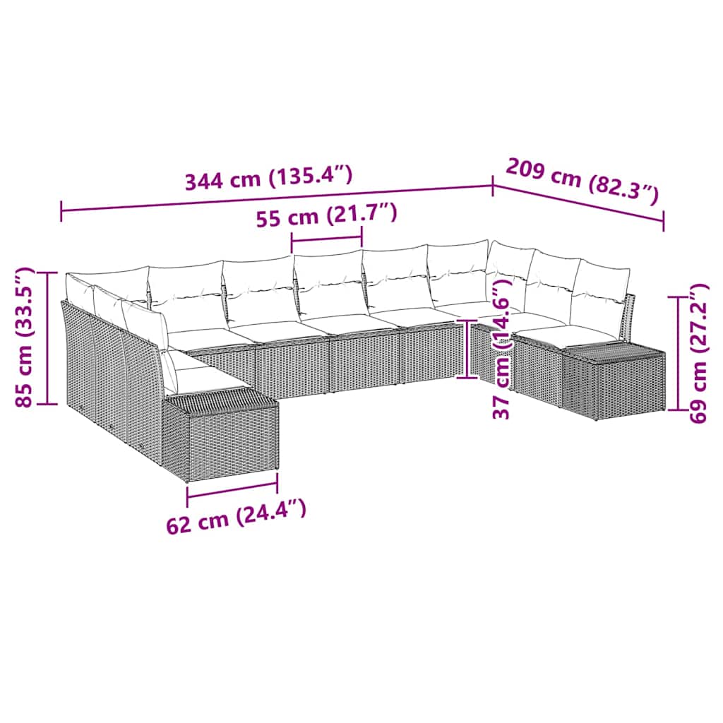 Kerti kanapé szett párnával 10 pcs világosszürke polyrattan