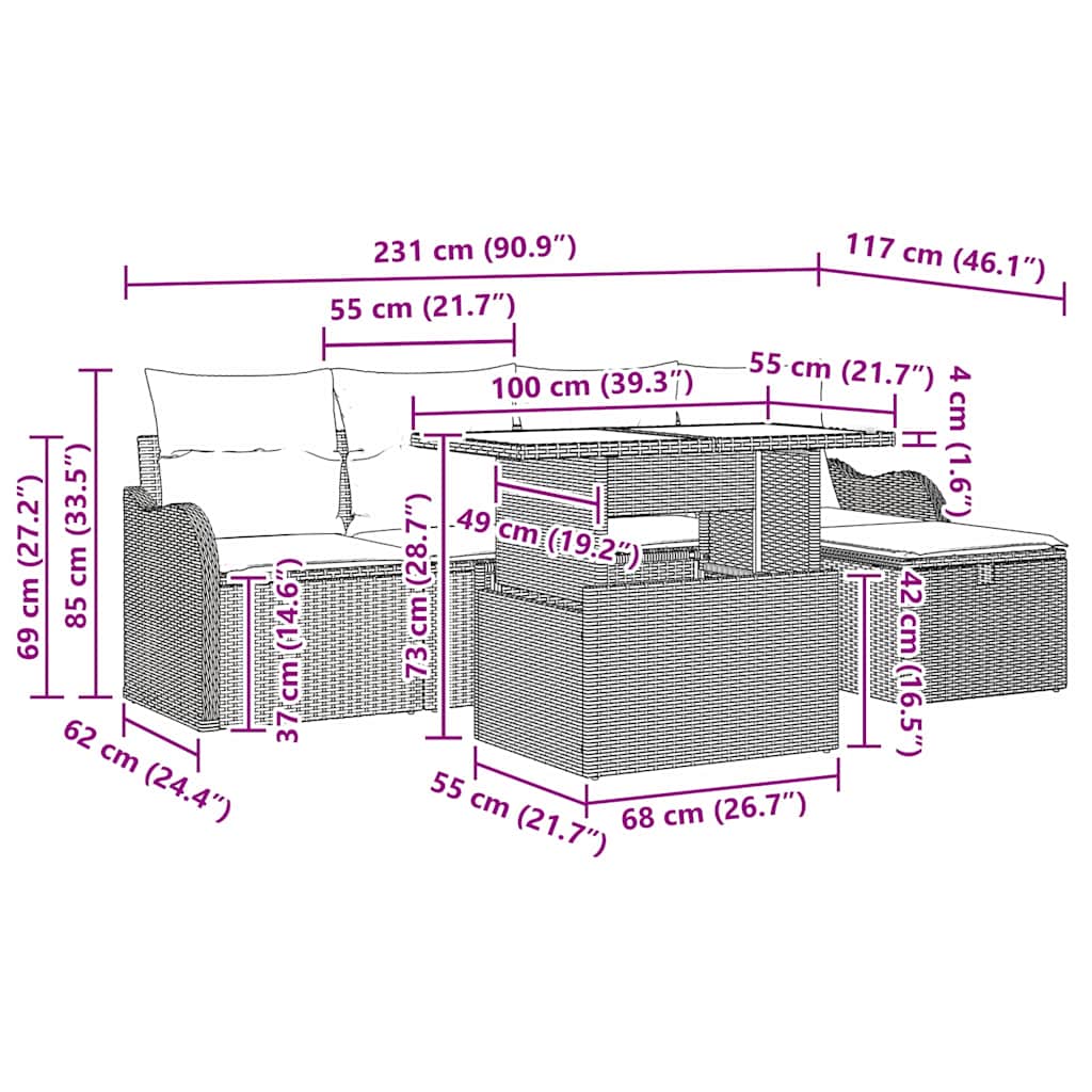 Kerti kanapé szett párnával tárolóval 6 pcs fekete poli rattan