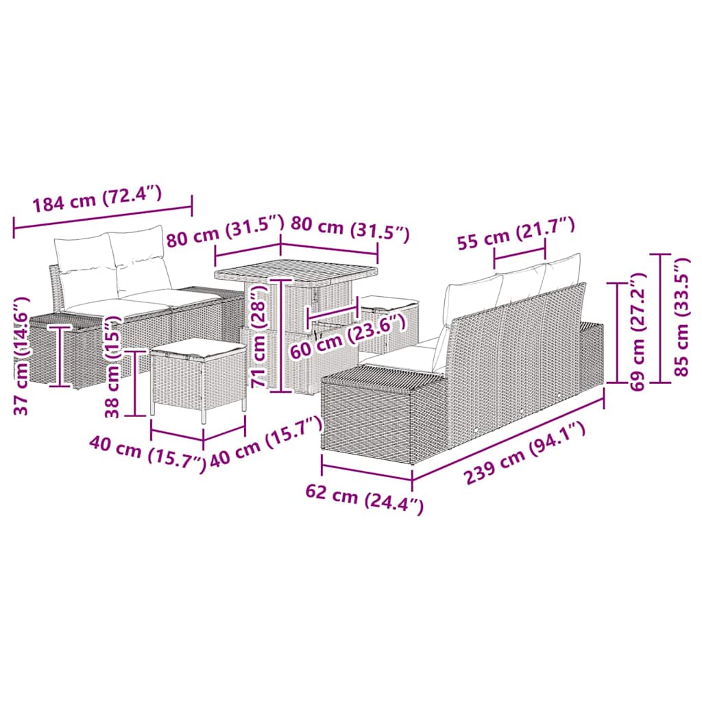 8 részes kerti kanapé készlet párnával bézs poli rattan akác