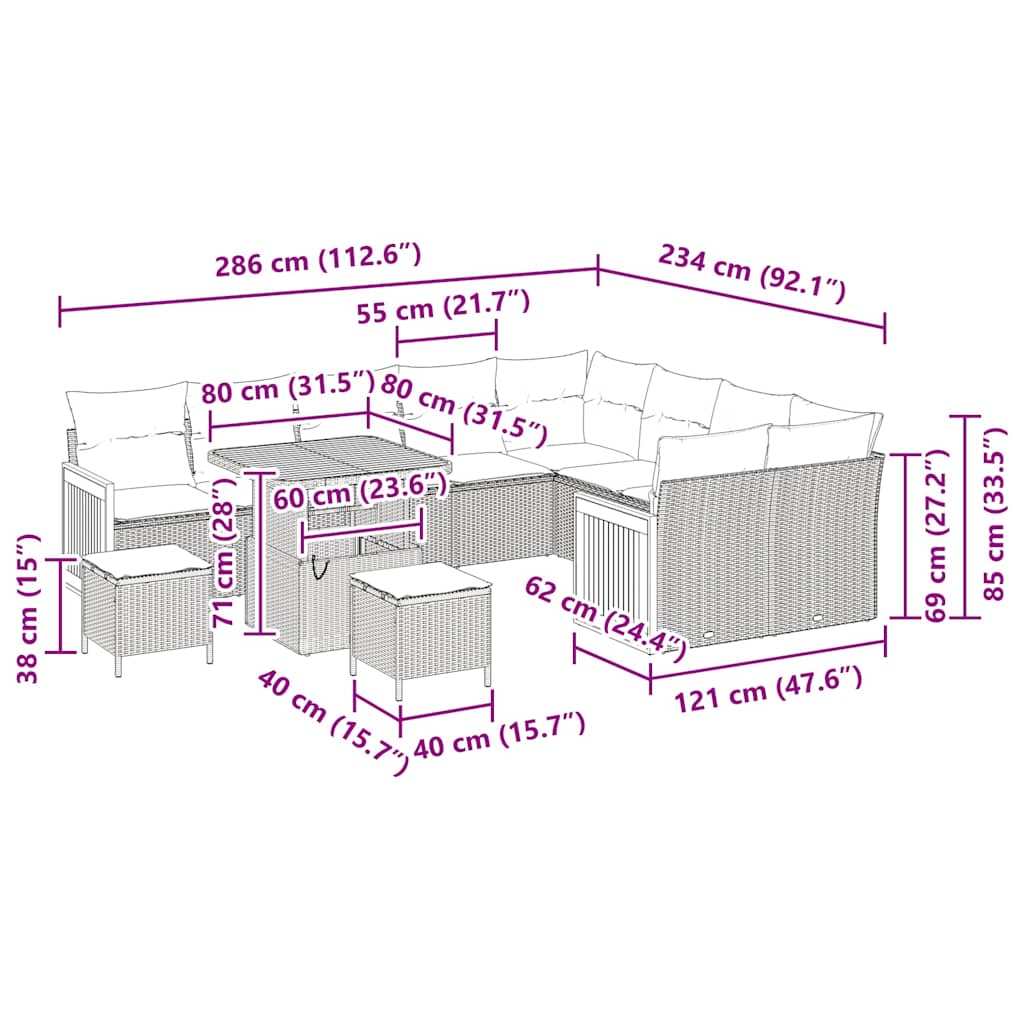 12 darabos kerti kanapé szett párnákkal bézs poli rattan akácfa
