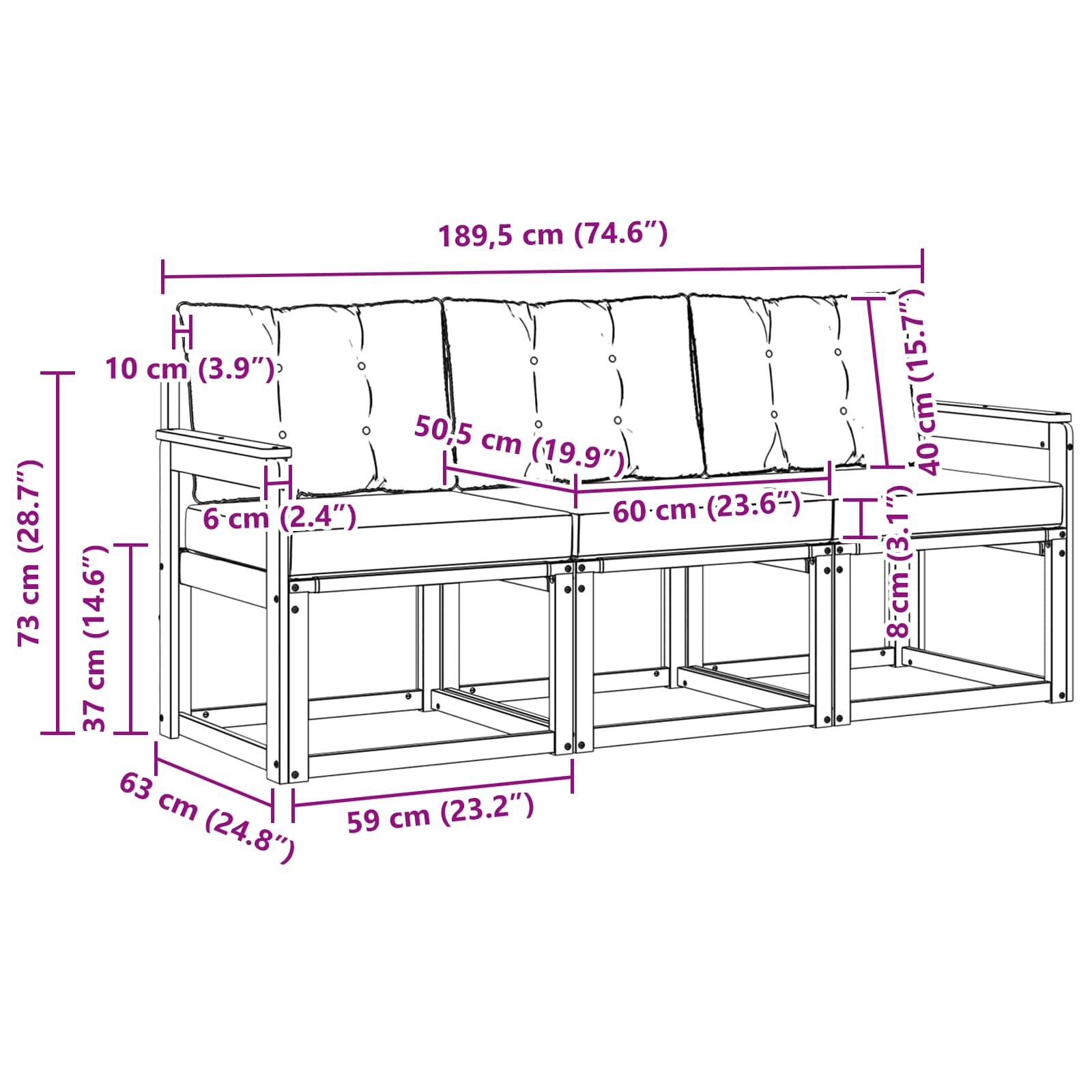 Kültéri kanapé szett párnával 3 pcs természetes és krémszínű