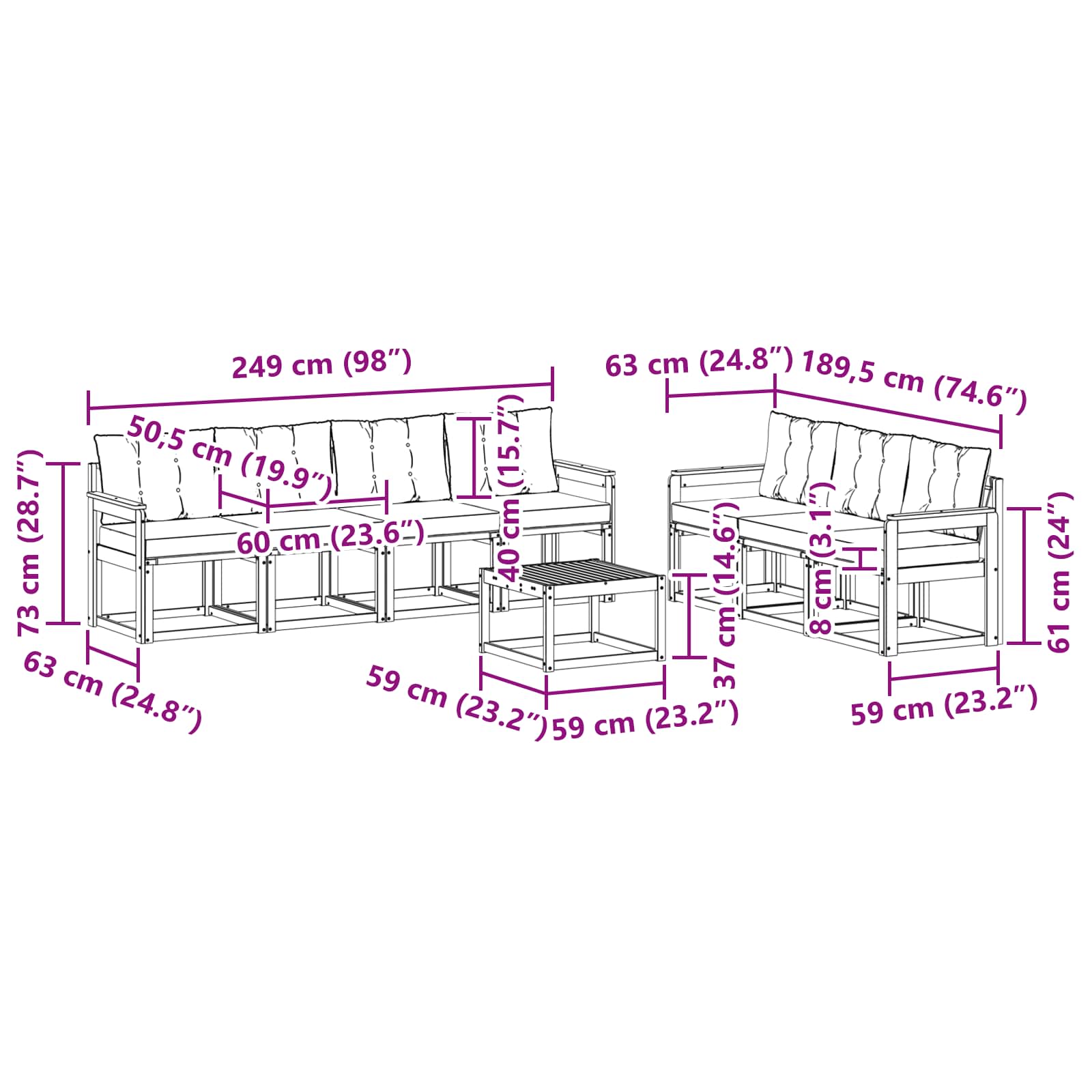 Kültéri kanapé szett párnával 8 pcs természetes és fekete