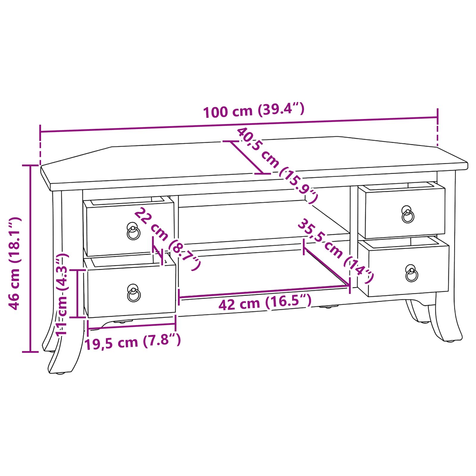 Tv szekrény fiókkal barna 100 x 40,5 x 46 cm tömör mahagóni fa