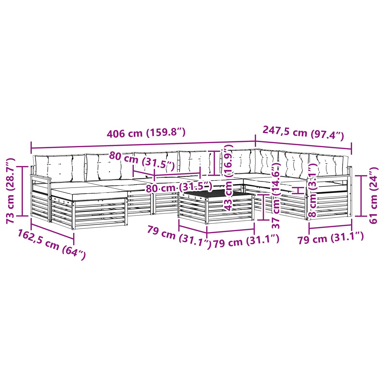 Ülőgarnitúrák 9 pcs természetes és antracit tömör akácfa