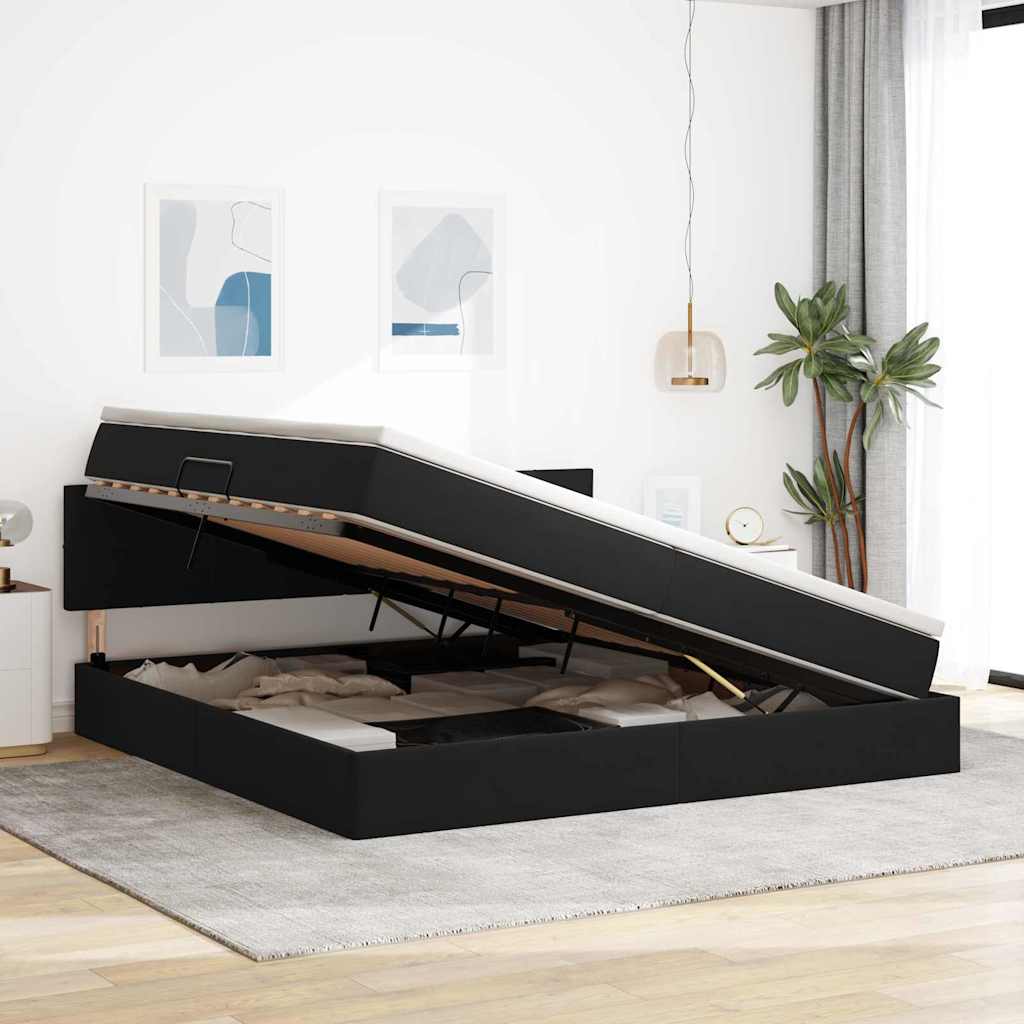 Tárolós ágy matracmal fejtámlával fekete 200 x 200 cm bársony