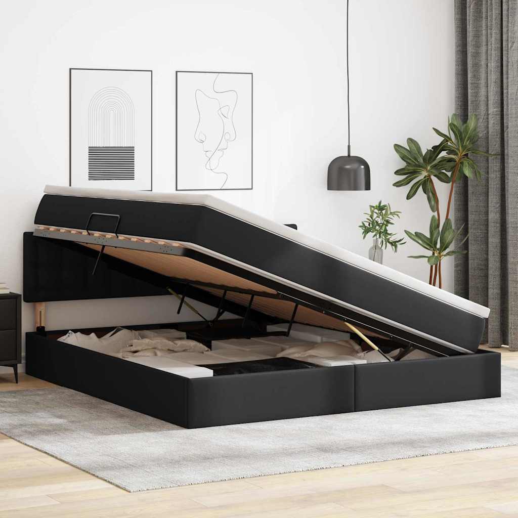 Ágy led -es lámpákkal fejtámlával fekete 160 x 200 cm pvc