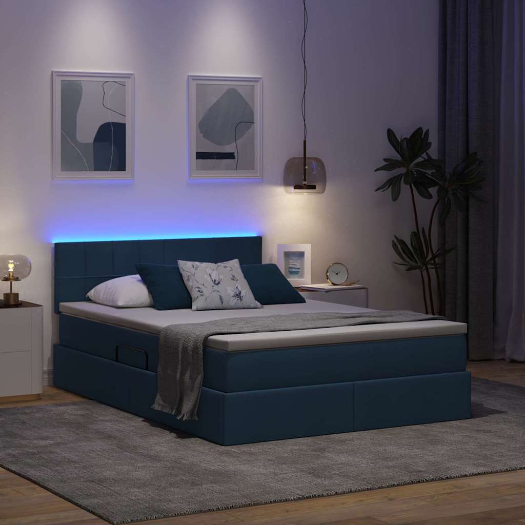 Ágy led -es lámpákkal fejtámlával kék 140 x 190 cm szövet