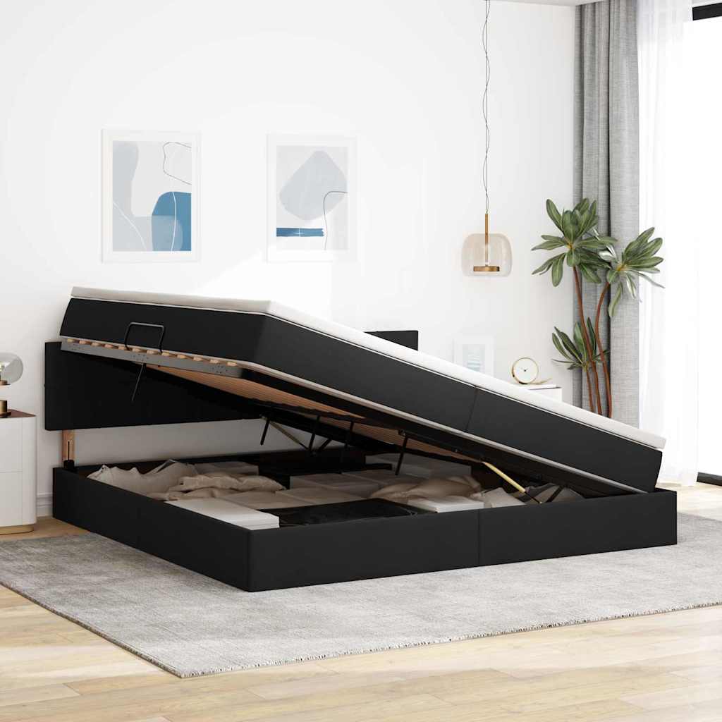 Ágy led -es lámpákkal fejtámlával fekete 200 x 200 cm szövet