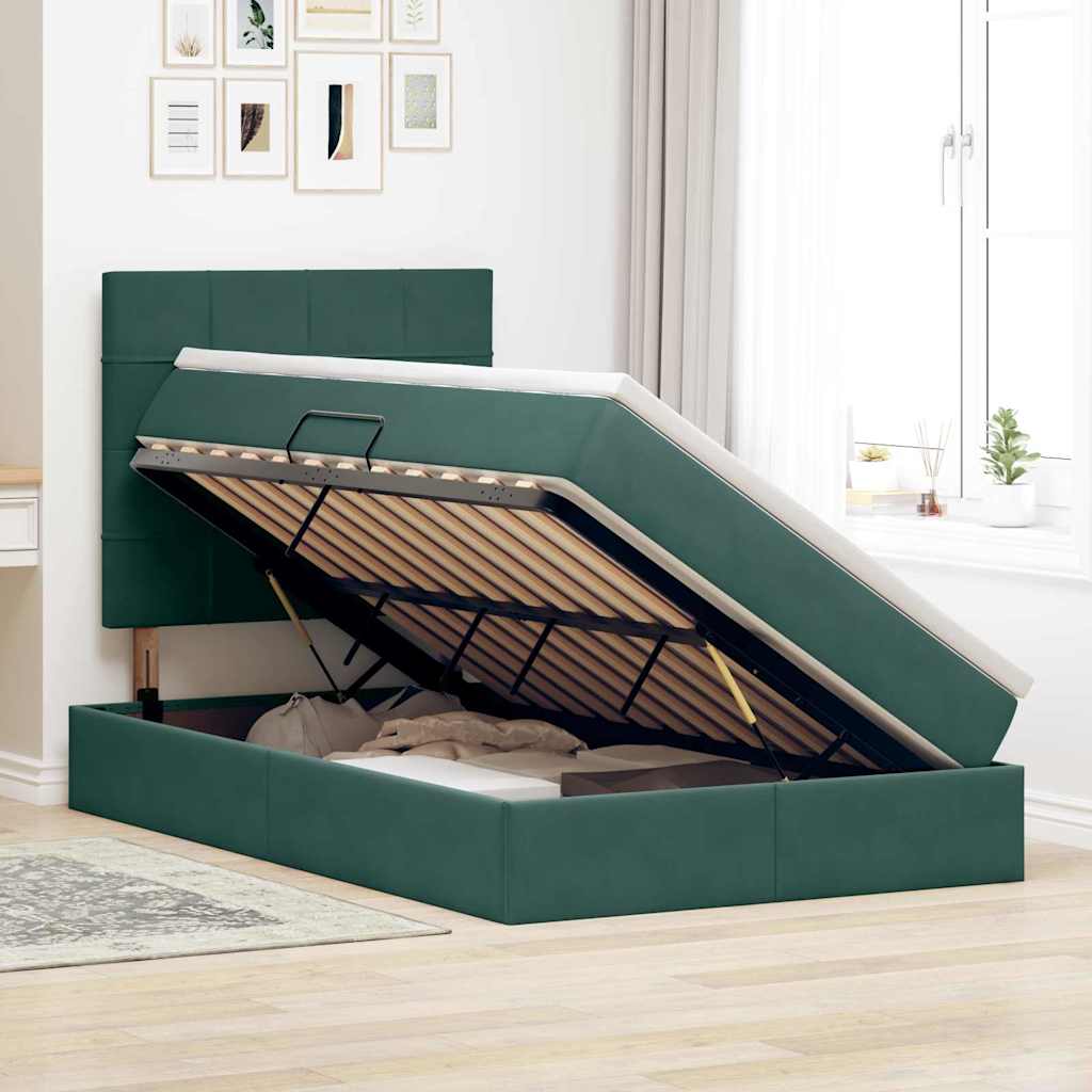 Ágy tárolóval és led lámpával sötétzöld 120 x 200 cm bársony