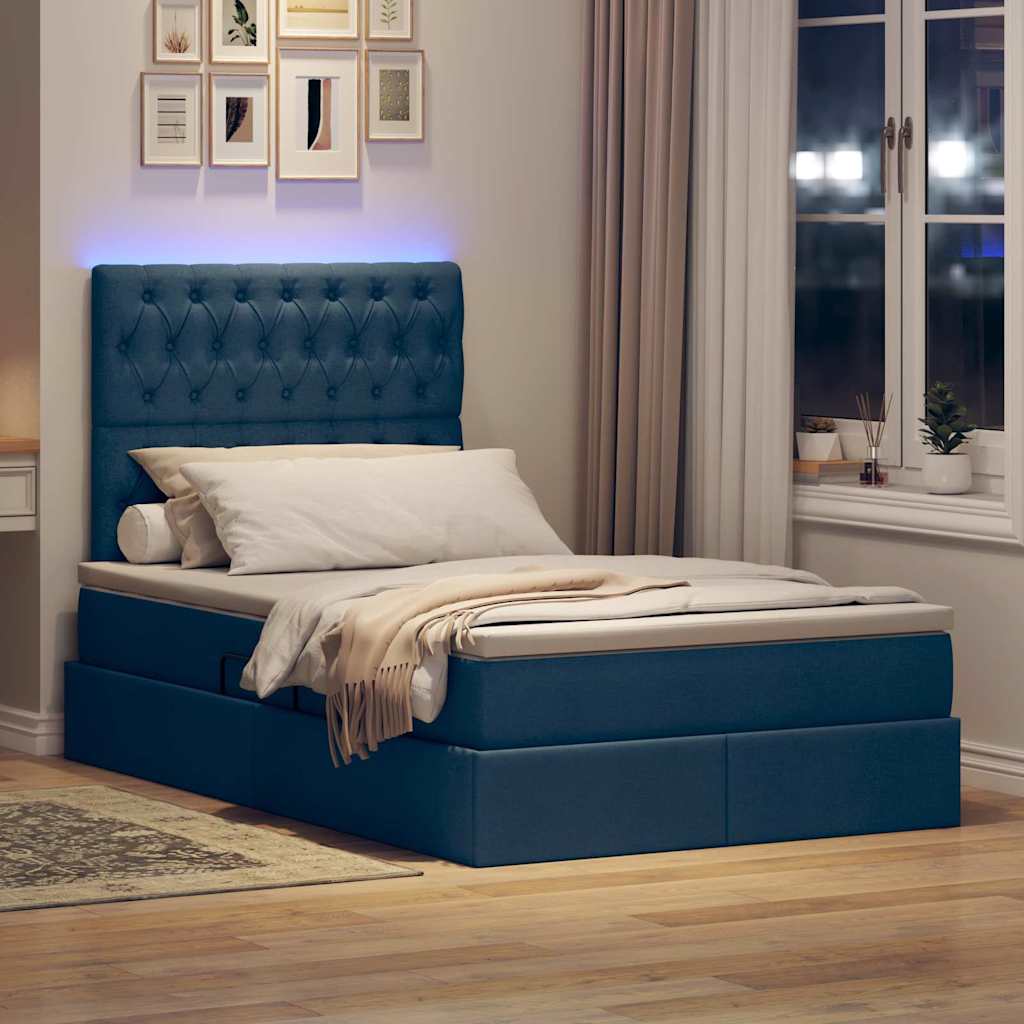 Ágy tárolóval és led lámpával kék 120 x 190 cm poliészter