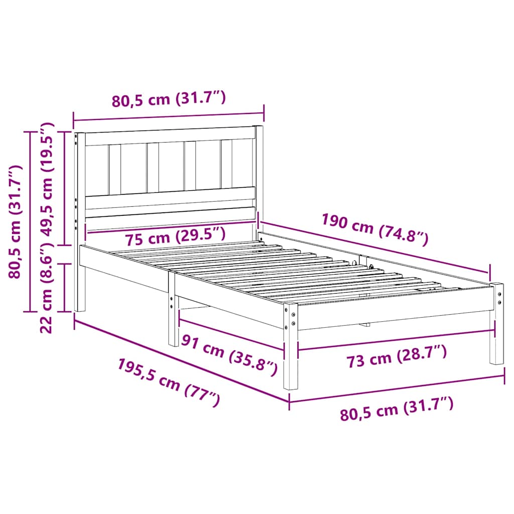 Ágykeret fejtámlával fehér 75 x 190 cm tömör fenyőfa