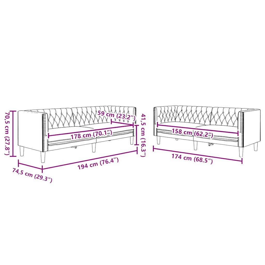 Kanapé szett 2 pcs fekete 194 x 74.5 x 70.5 cm műbőr Kanapé szett 2 pcs fekete 194 x 74.5 x 70.5 cm műbőr