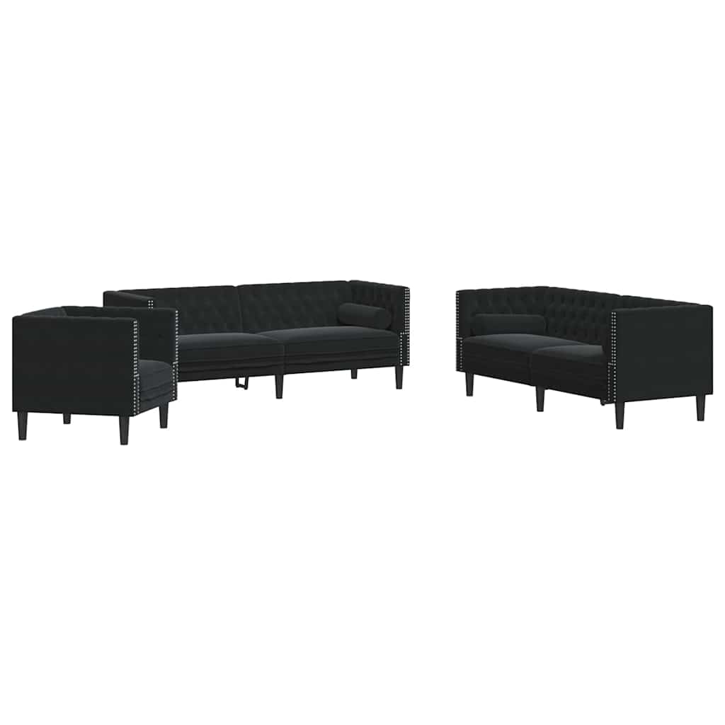 Kanapé szett 3 pcs fekete bársony Kanapé szett 3 pcs fekete bársony