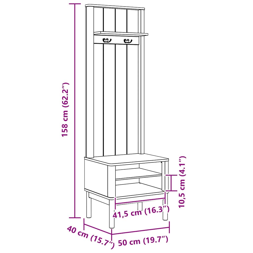 Előszobafal floro fehér 50 x 40 x 158 cm tömör fenyőfa